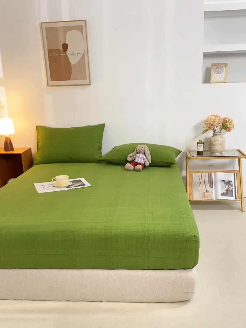 91家纺网 家纺一手货源 找家纺 米柳家纺 2025新款原棉老粗布印花床笠系列 尚影绿床笠款