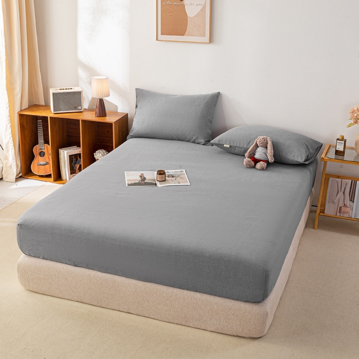 91家纺网 家纺一手货源 找家纺 米柳家纺 2025新款原棉老粗布印花床笠系列 绅士灰床笠款