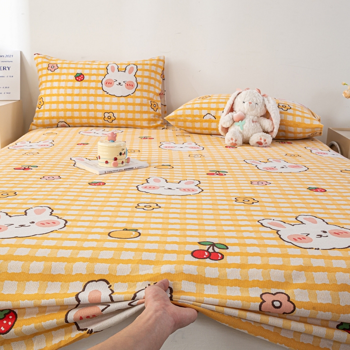 米柳家纺 2025新款原棉老粗布印花床笠系列 樱桃小兔床笠款