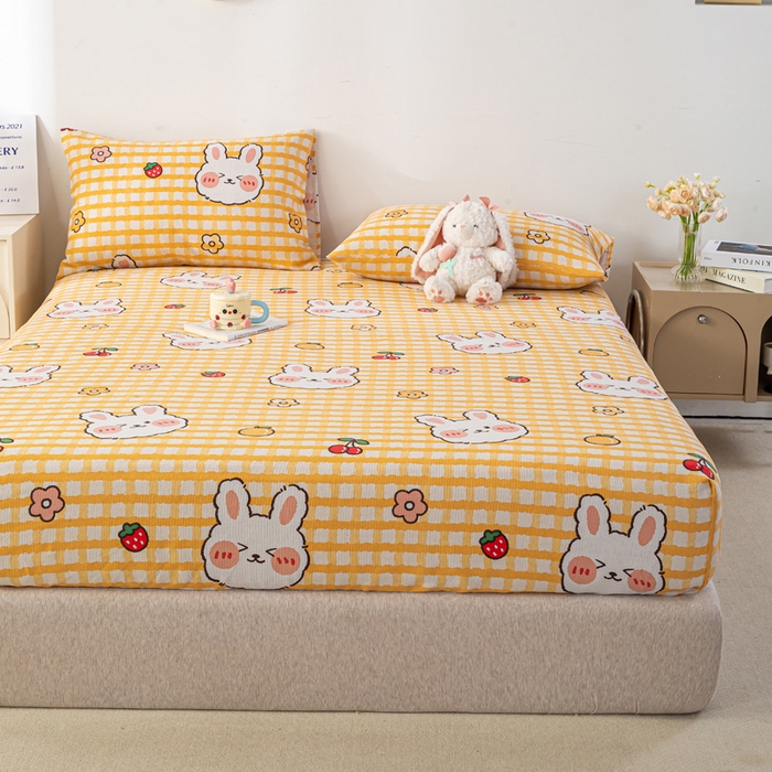 91家纺网 家纺一手货源 找家纺 米柳家纺 2025新款原棉老粗布印花床笠系列 樱桃小兔床笠款