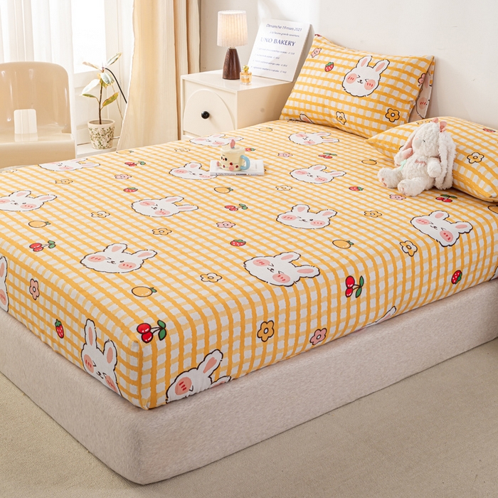 91家纺网 家纺一手货源 找家纺 米柳家纺 2025新款原棉老粗布印花床笠系列 樱桃小兔床笠款