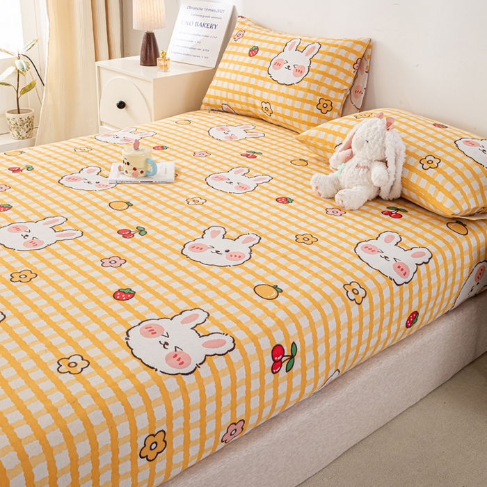 91家纺网 家纺一手货源 找家纺 米柳家纺 2025新款原棉老粗布印花床笠系列 樱桃小兔床笠款