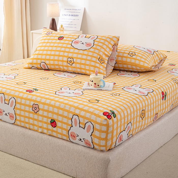 91家纺网 家纺一手货源 找家纺 米柳家纺 2025新款原棉老粗布印花床笠系列 樱桃小兔床笠款