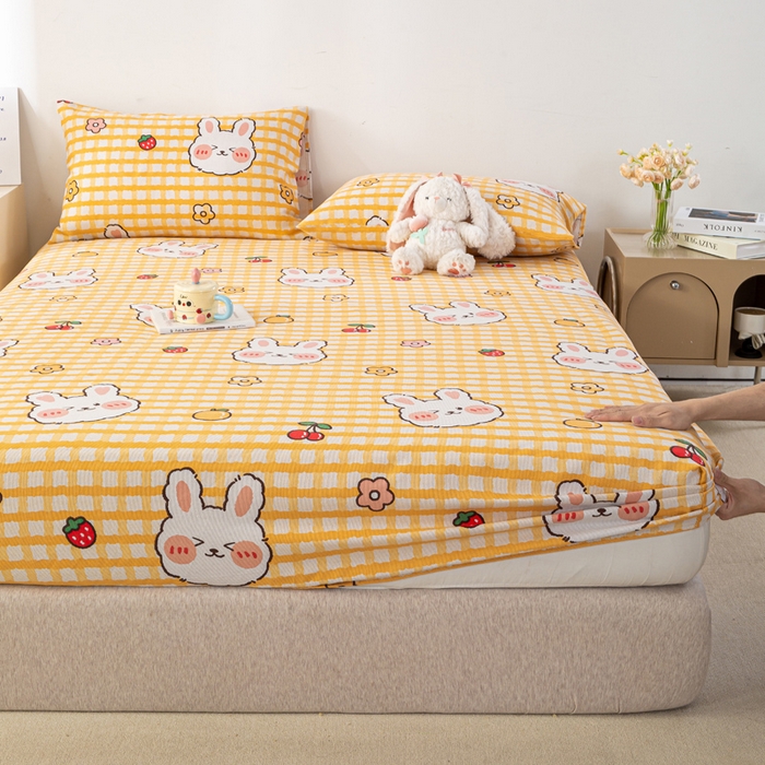 91家纺网 家纺一手货源 找家纺 米柳家纺 2025新款原棉老粗布印花床笠系列 樱桃小兔床笠款