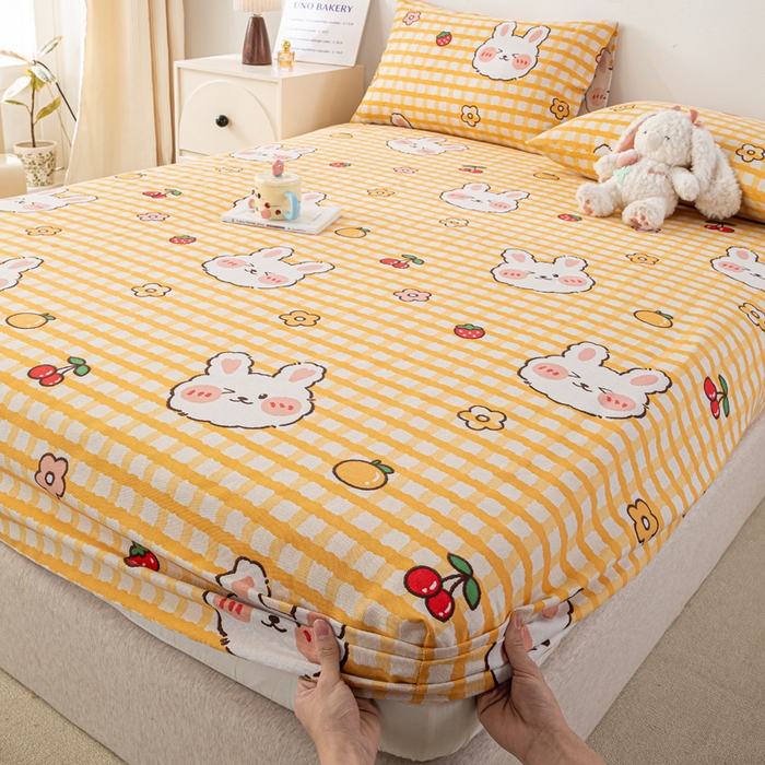 91家纺网 家纺一手货源 找家纺 米柳家纺 2025新款原棉老粗布印花床笠系列 樱桃小兔床笠款