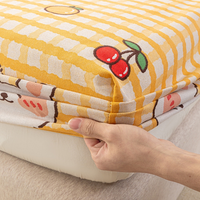 91家纺网 家纺一手货源 找家纺 米柳家纺 2025新款原棉老粗布印花床笠系列 樱桃小兔床笠款