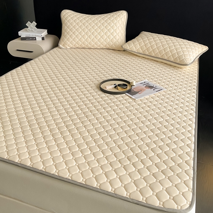 91家纺网 家纺一手货源 找家纺 欧邦 2025新款加厚纯色凉席四件套--凉席三件套 方格-米杏