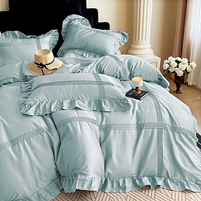 91家纺网 家纺一手货源 找家纺 花香四季家纺 2025新款全棉13376公主风纯棉法式手工立体线条四件套 清风