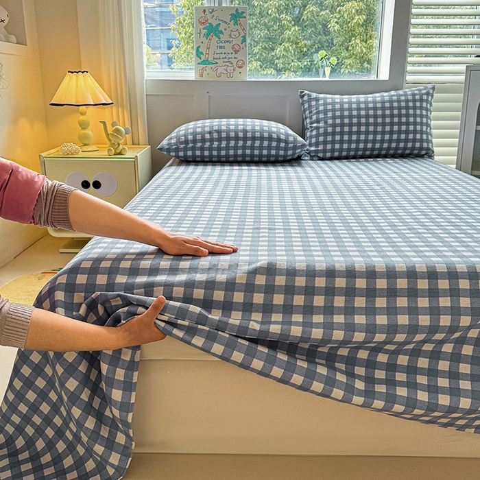 91家纺网 家纺一手货源 找家纺 晓时候 2025原棉老粗布床单凉席三件套软凉席子单床单 蓝小格