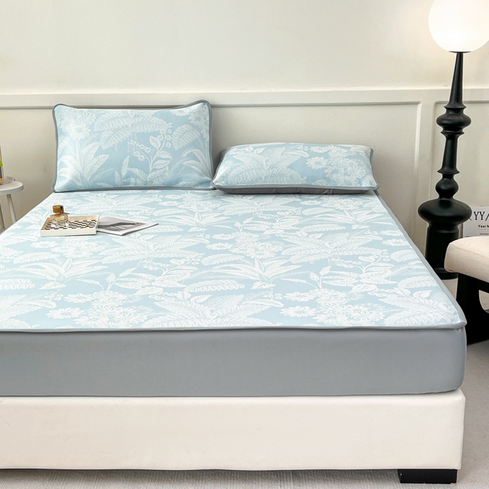 91家纺网 家纺一手货源 找家纺 子曰 2025新款高定版A类PE聚乙烯凉感凉席提花凉席床笠 叶之恋-蓝