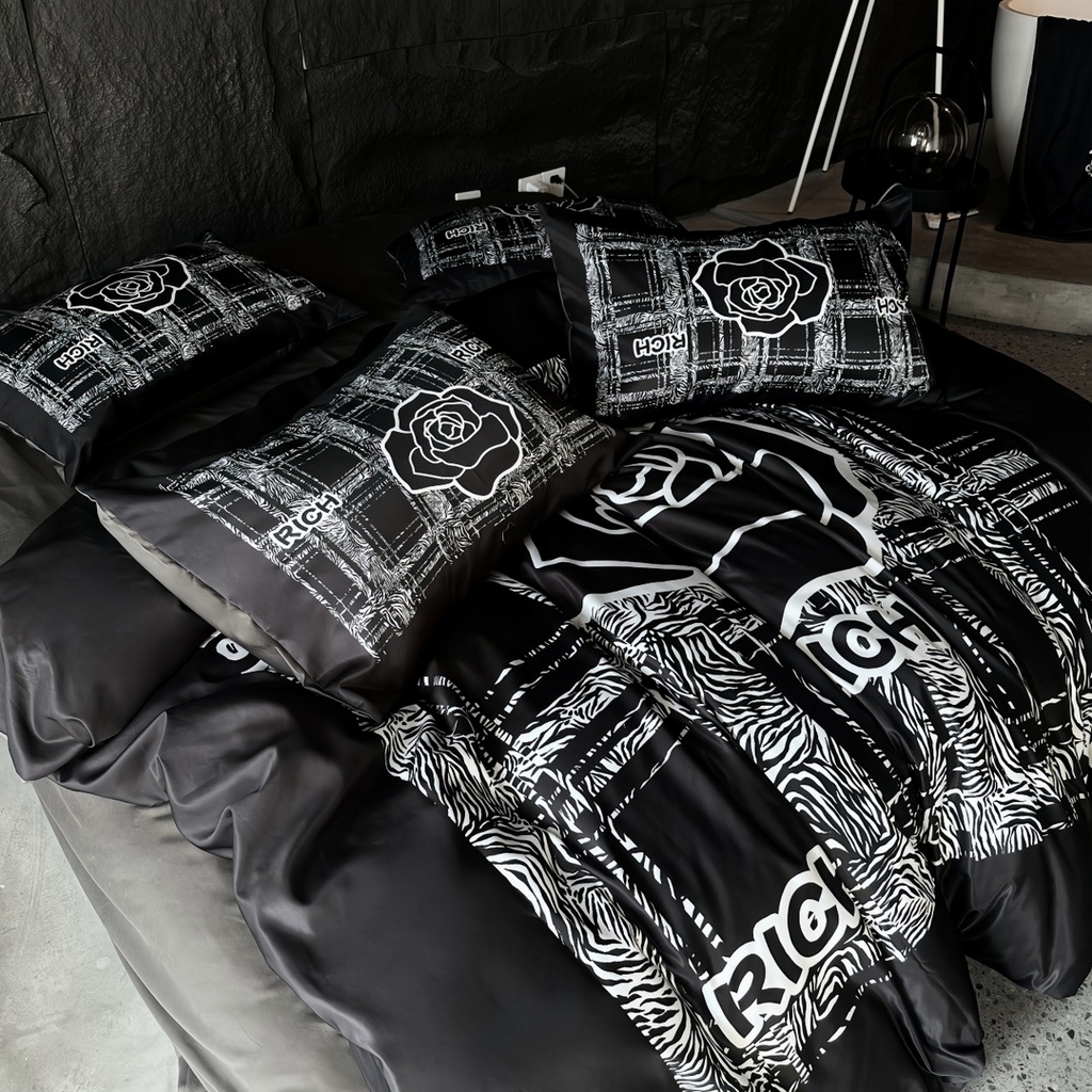 91家纺网 家纺一手货源 找家纺 丽斐纺织  2025新款水洗冰丝数码印花四件套 黑山茶