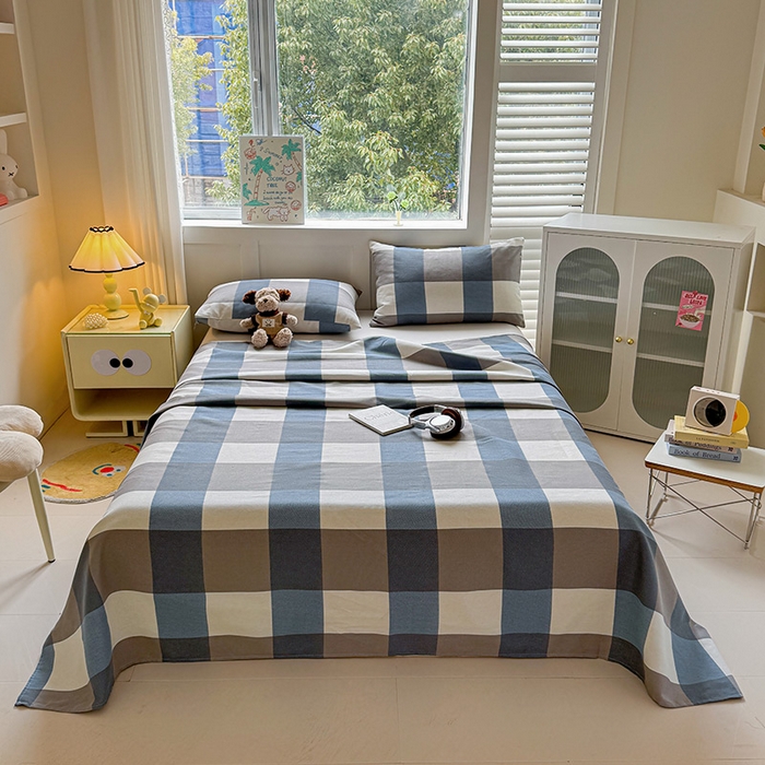 91家纺网 家纺一手货源 找家纺 晓时候 2025原棉老粗布床单凉席三件套软凉席子单床单 蓝咖格