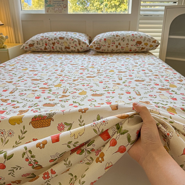 91家纺网 家纺一手货源 找家纺 晓时候 2025原棉老粗布床单凉席三件套软凉席子单床单 花丛兔