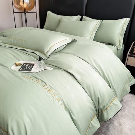 宇彬家纺 2025新款直播热款13374全棉母婴级压线一字绣宽边枕套被套纯色滚边麻绳四件套贡缎新疆长绒缎新疆长绒 梦系列-炫彩绿