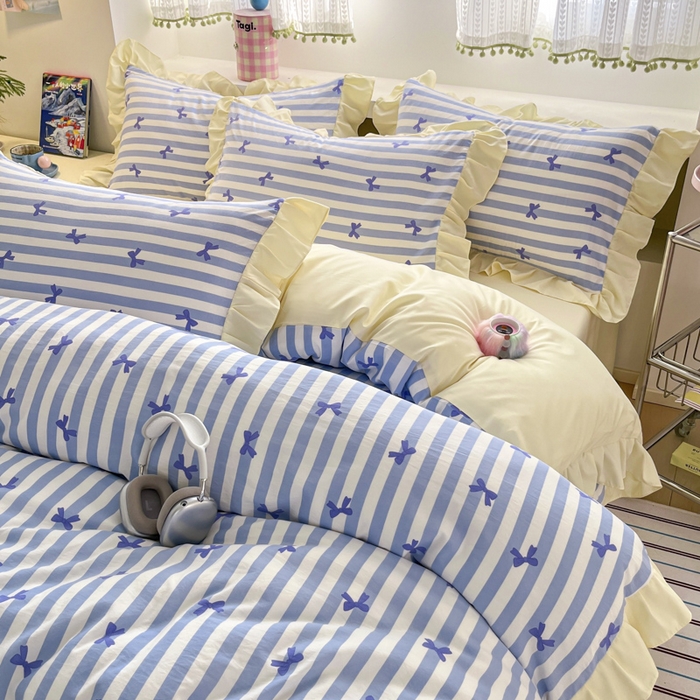 91家纺网 家纺一手货源 找家纺 2025水洗棉花边四件套_9067 蝴蝶结-条纹海蓝