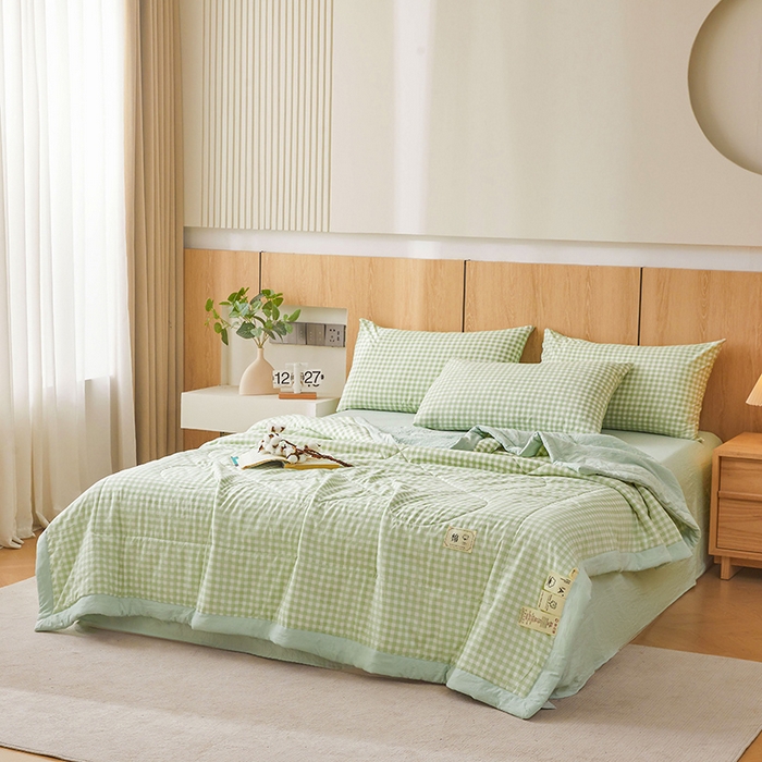 91家纺网 家纺一手货源 找家纺 创优家纺 2025新款无印风格子新疆棉夏被空调被纯棉花被夏被子薄被芯水洗棉包检测 绿小格