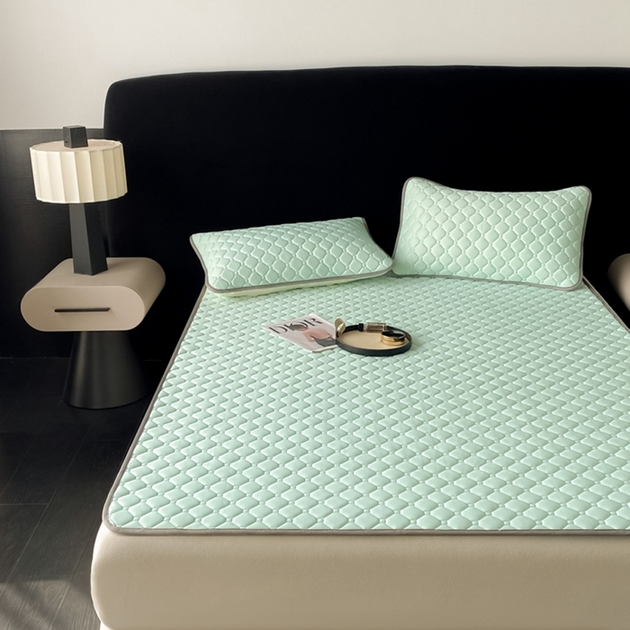 91家纺网 家纺一手货源 找家纺 欧邦 2025新款加厚纯色凉席四件套--凉席三件套 方格-水绿