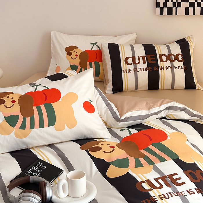 91家纺网 家纺一手货源 找家纺 2025新款全棉大版卡通数码印花纯棉四件套 可爱小狗（黑）