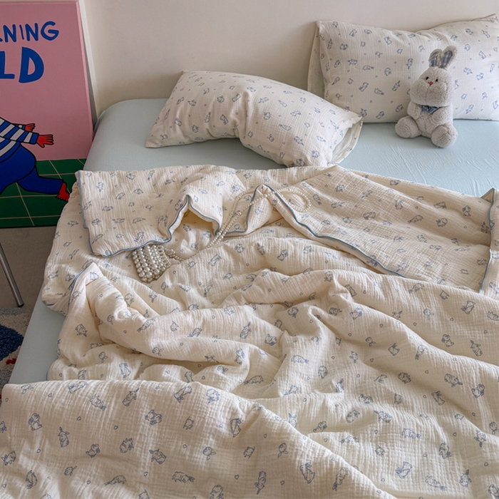 91家纺网 家纺一手货源 找家纺 萝莉家纺 2025新款软软糯糯双层皱皱纱单夏被 夏被四件套 小玉兔