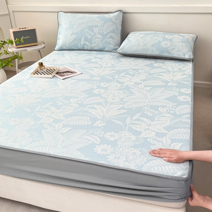 子曰 2025新款高定版A类PE聚乙烯凉感凉席提花凉席床笠 叶之恋-蓝【床笠款】