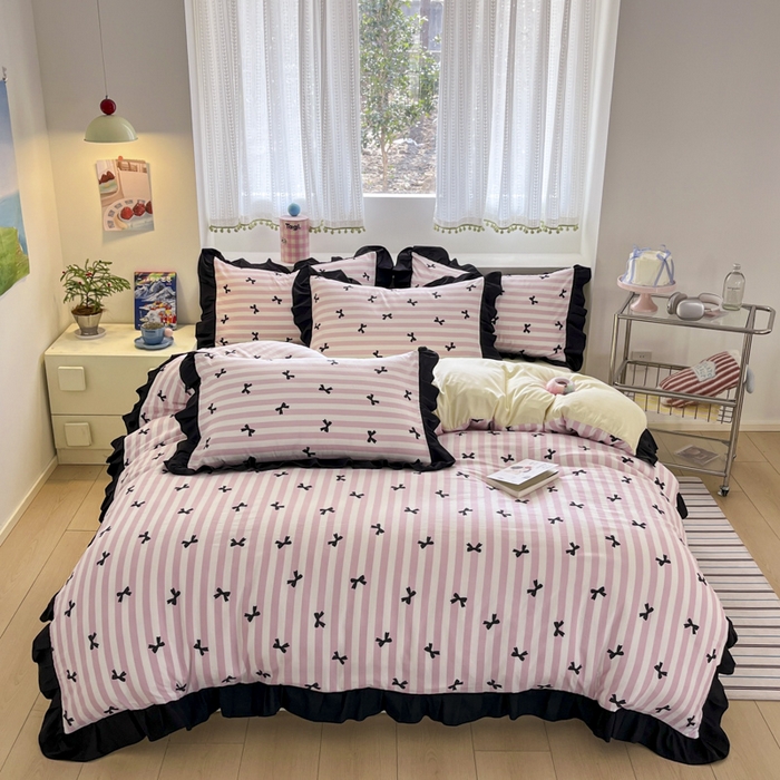 91家纺网 家纺一手货源 找家纺 2025水洗棉花边四件套_9067 蝴蝶结-条纹粉