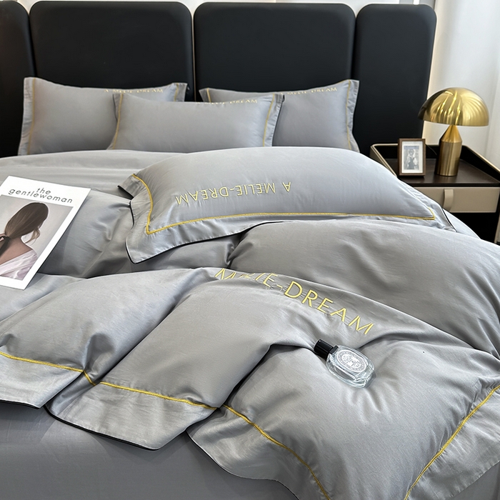 91家纺网 家纺一手货源 找家纺 宇彬家纺 2025新款直播热款13374全棉母婴级压线一字绣宽边枕套被套纯色滚边麻绳四件套贡缎新疆长绒 梦系列-绅士灰