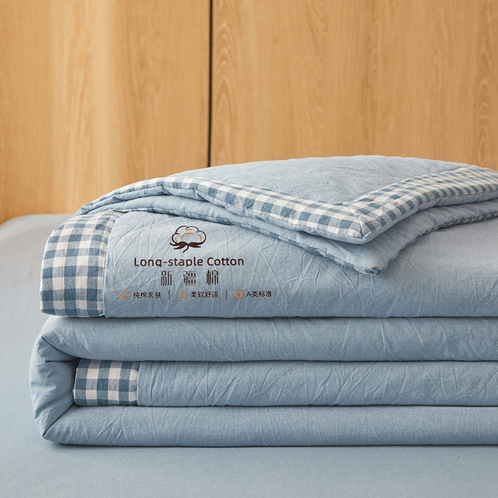 91家纺网 家纺一手货源 找家纺 创优家纺 2025新款无印风格子新疆棉夏被空调被纯棉花被夏被子薄被芯水洗棉包检测 新疆棉-蓝色