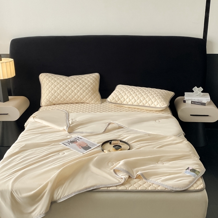 91家纺网 家纺一手货源 找家纺 欧邦 2025新款加厚纯色凉席四件套--夏被四件套 方格-米杏