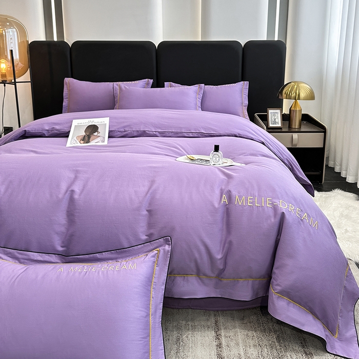 91家纺网 家纺一手货源 找家纺 宇彬家纺 2025新款直播热款13374全棉母婴级压线一字绣宽边枕套被套纯色滚边麻绳四件套贡缎新疆长绒 梦系列-曲雅紫