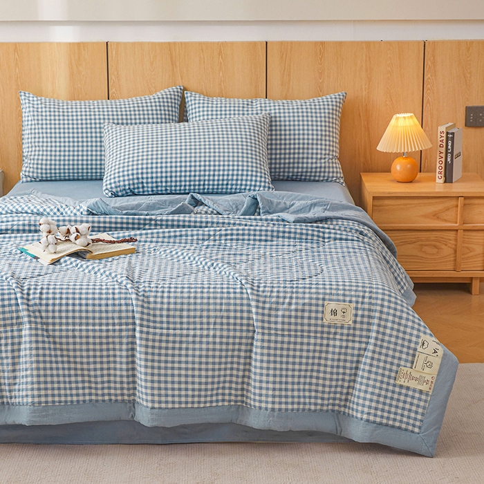 91家纺网 家纺一手货源 找家纺 创优家纺 2025新款无印风格子新疆棉夏被空调被纯棉花被夏被子薄被芯水洗棉包检测 蓝小格