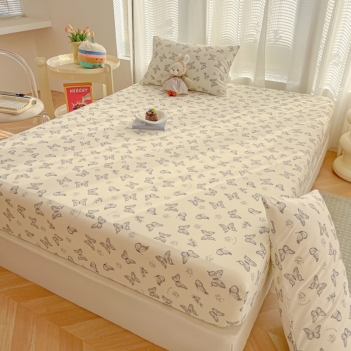 91家纺网 家纺一手货源 找家纺 眠帛家居 2025新款A类水洗皱皱纱印花床笠 蝴蝶偏偏