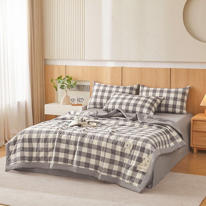 91家纺网 家纺一手货源 找家纺 创优家纺 2025新款无印风格子新疆棉夏被空调被纯棉花被夏被子薄被芯水洗棉包检测 灰中格