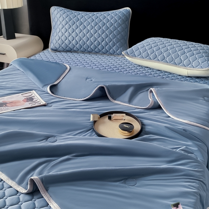 91家纺网 家纺一手货源 找家纺 欧邦 2025新款加厚纯色凉席四件套--夏被四件套 方格-宝蓝