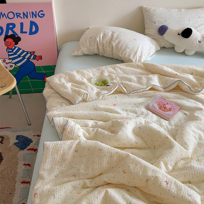 91家纺网 家纺一手货源 找家纺 萝莉家纺 2025新款软软糯糯双层皱皱纱单夏被 夏被四件套 星星月亮