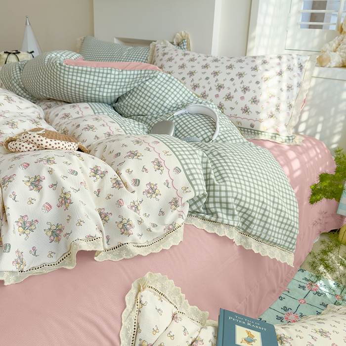 91家纺网 家纺一手货源 找家纺 竹合家纺 2025新款春日碎花法式镂空花边款式提花皱皱四件套 法式-花束蛋糕