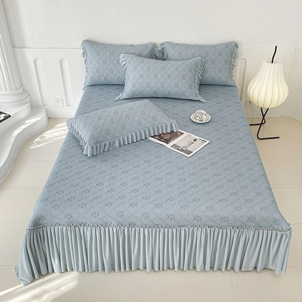 2025新款百分百中分子凉感席   冰感床裙款凉席三件套-四叶草  蓝灰