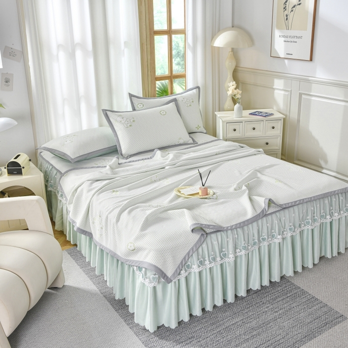 91家纺网 家纺一手货源 找家纺 品乐家纺  2025新款床裙款提花冰豆豆套件凉席席子 绿色