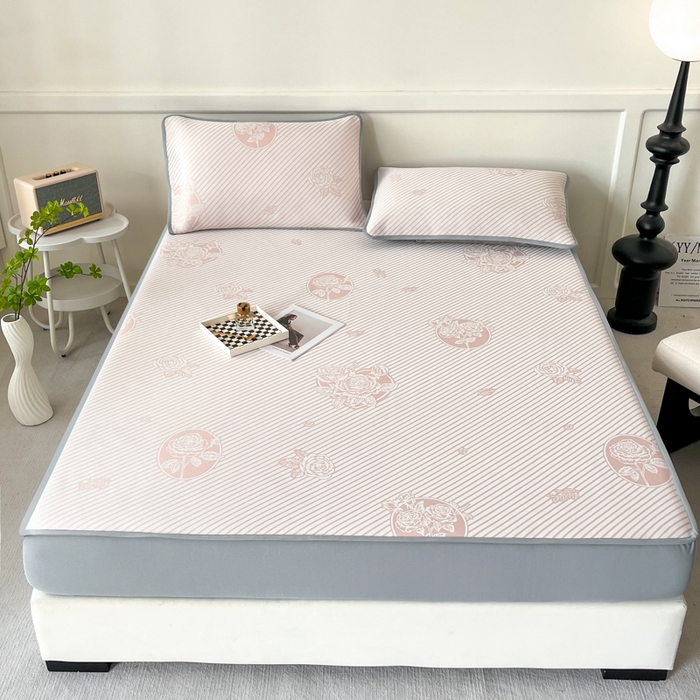 91家纺网 家纺一手货源 找家纺 子曰 2025新款高定版A类PE聚乙烯凉感凉席提花凉席床笠 玫瑰-粉