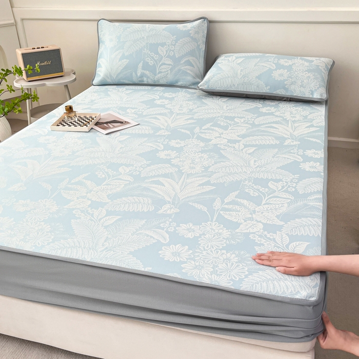 91家纺网 家纺一手货源 找家纺 子曰 2025新款高定版A类PE聚乙烯凉感凉席提花凉席床笠 叶之恋-蓝