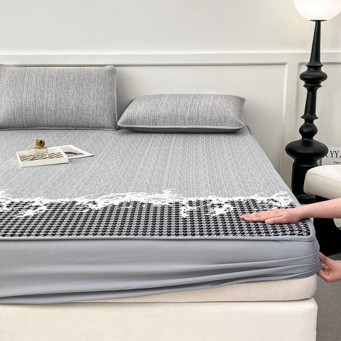 91家纺网 家纺一手货源 找家纺 子曰 2025新款高定版A类PE聚乙烯凉感凉席提花凉席床笠 千鸟格-灰