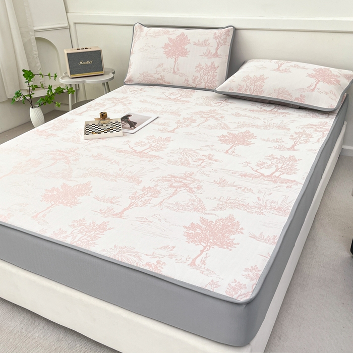 91家纺网 家纺一手货源 找家纺 子曰 2025新款高定版A类PE聚乙烯凉感凉席提花凉席床笠 秘境-粉【床笠款】