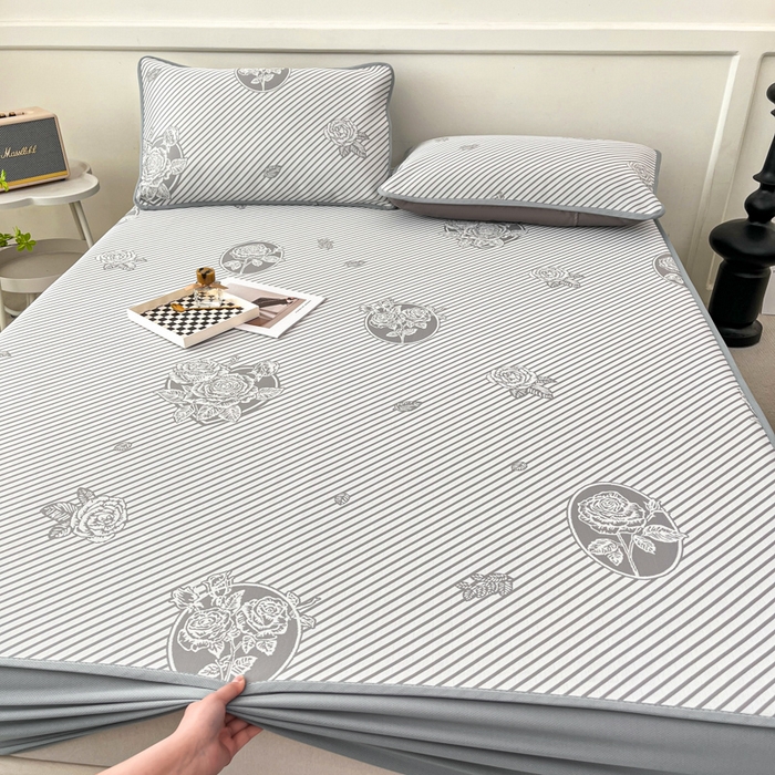 91家纺网 家纺一手货源 找家纺 子曰 2025新款高定版A类PE聚乙烯凉感凉席提花凉席床笠 玫瑰-灰【床笠款】