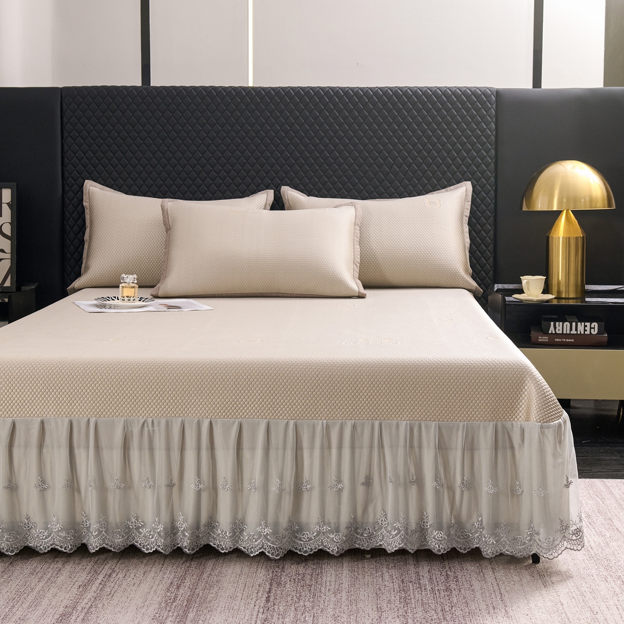 91家纺网 家纺一手货源 找家纺 青雅席业 2025年新款凉感因子母婴级凉感丝豆豆席床裙款 床裙香奈儿-香槟