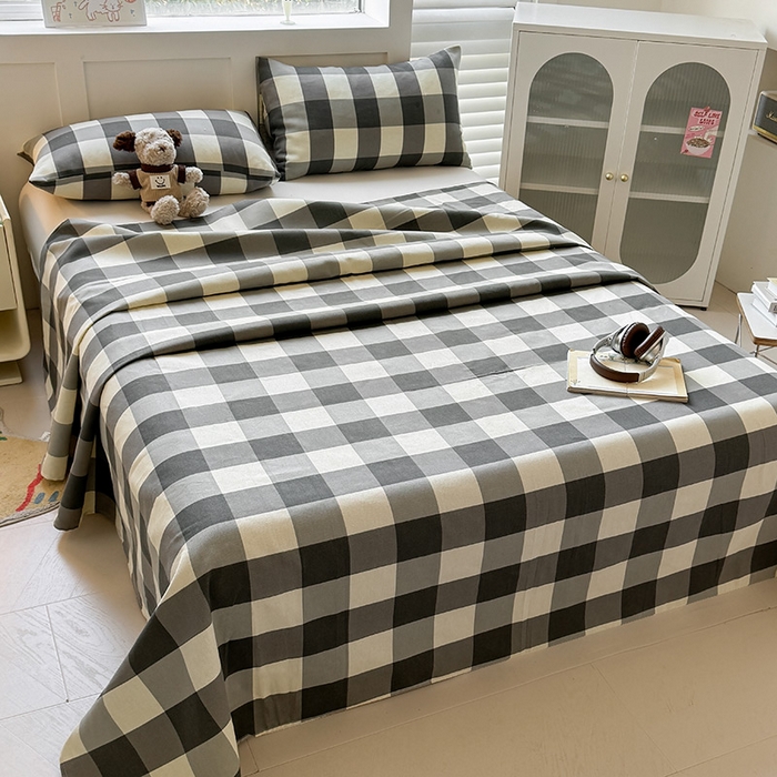 91家纺网 家纺一手货源 找家纺 晓时候 2025原棉老粗布床单凉席三件套软凉席子单床单 黑白格