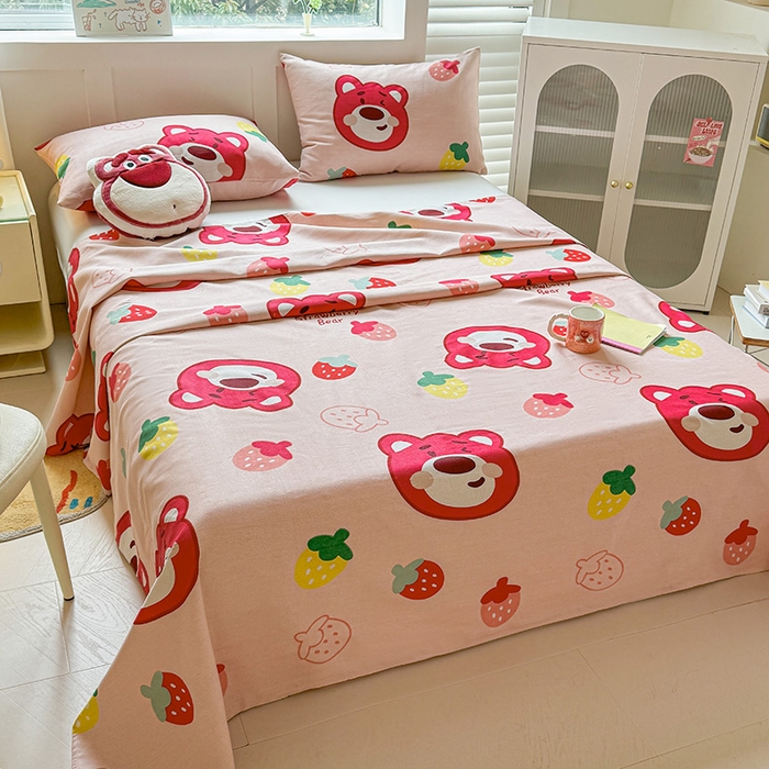 91家纺网 家纺一手货源 找家纺 晓时候 2025原棉老粗布床单凉席三件套软凉席子单床单 草莓熊