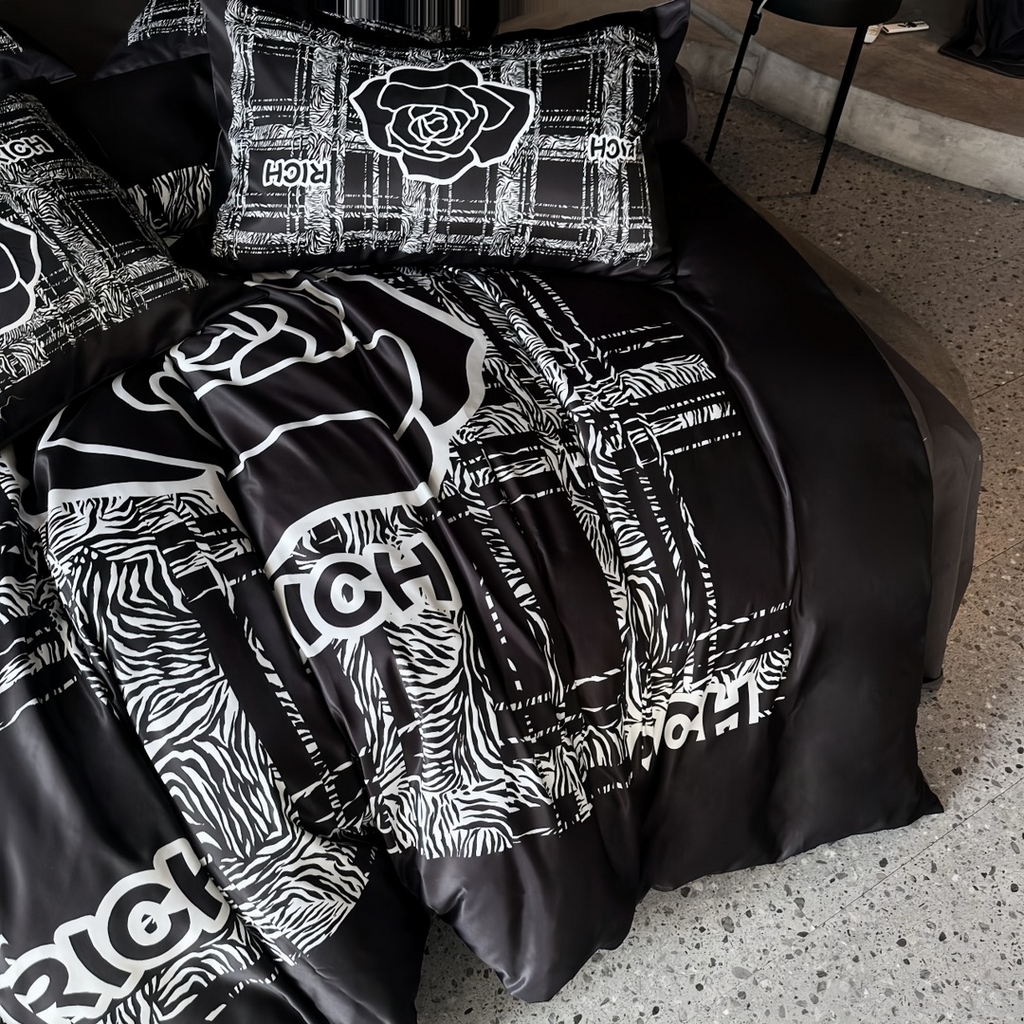 91家纺网 家纺一手货源 找家纺 丽斐纺织  2025新款水洗冰丝数码印花四件套 黑山茶