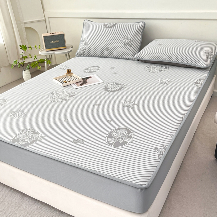 91家纺网 家纺一手货源 找家纺 子曰 2025新款高定版A类PE聚乙烯凉感凉席提花凉席床笠 玫瑰-灰