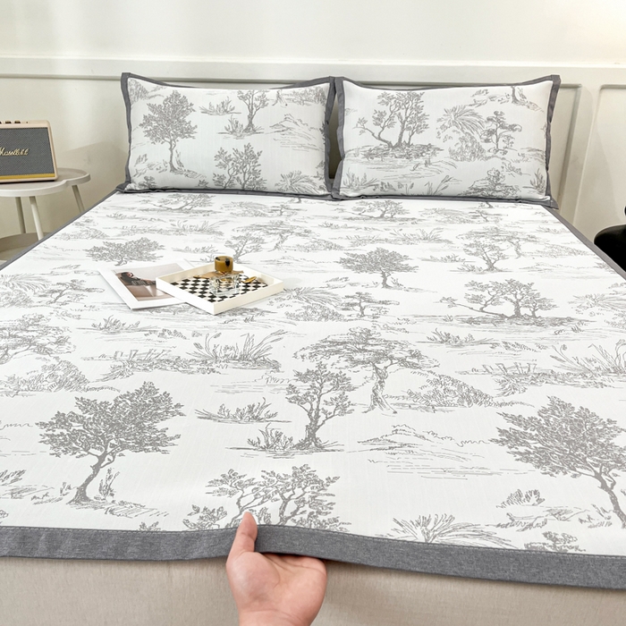 91家纺网 家纺一手货源 找家纺 子曰 2025新款高定版A类PE聚乙烯凉感凉席提花凉席床笠 秘境-灰【平铺款】