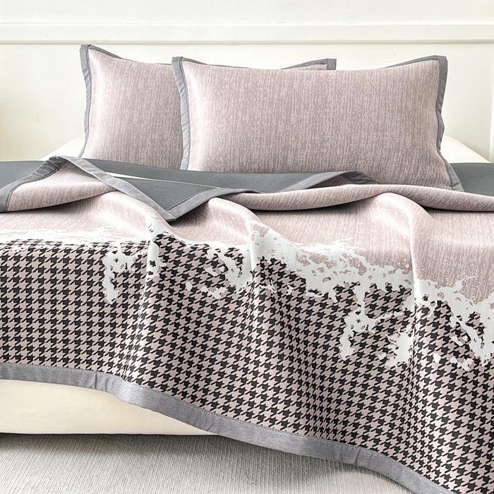 91家纺网 家纺一手货源 找家纺 子曰 2025新款高定版A类PE聚乙烯凉感凉席提花凉席床笠 千鸟格-紫【平铺款】