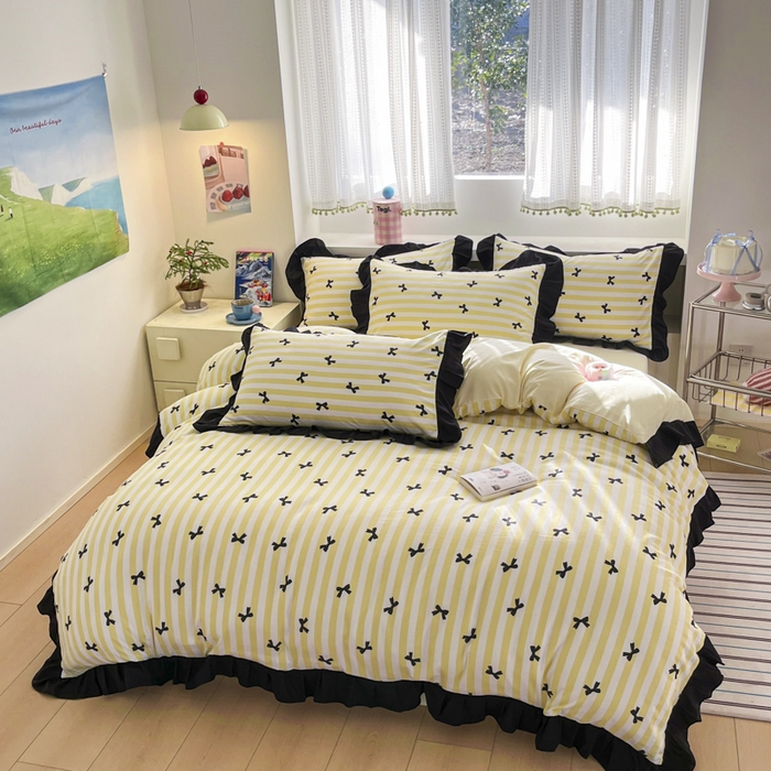 91家纺网 家纺一手货源 找家纺 2025水洗棉花边四件套_9067 蝴蝶结-条纹黄